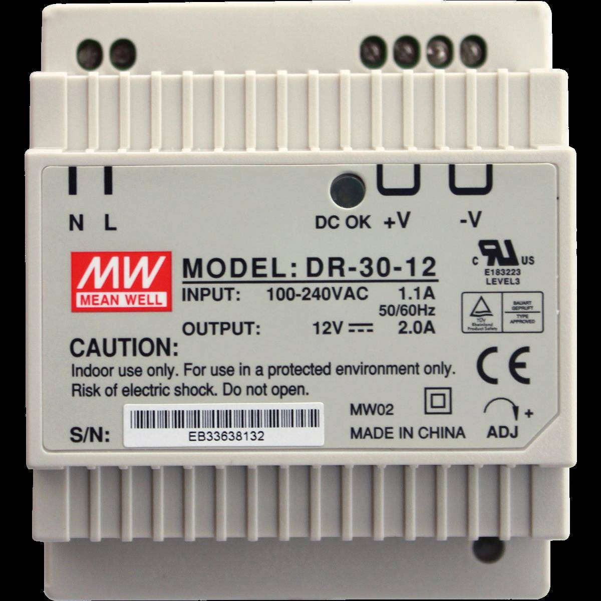 Nahaufnahme eines Mean Well DR-30-12 Netzteils mit den Anschlüssen N, L, DC OK, +V und -V, mit Eingang 100-240VAC und Ausgang 12V 2,0A.