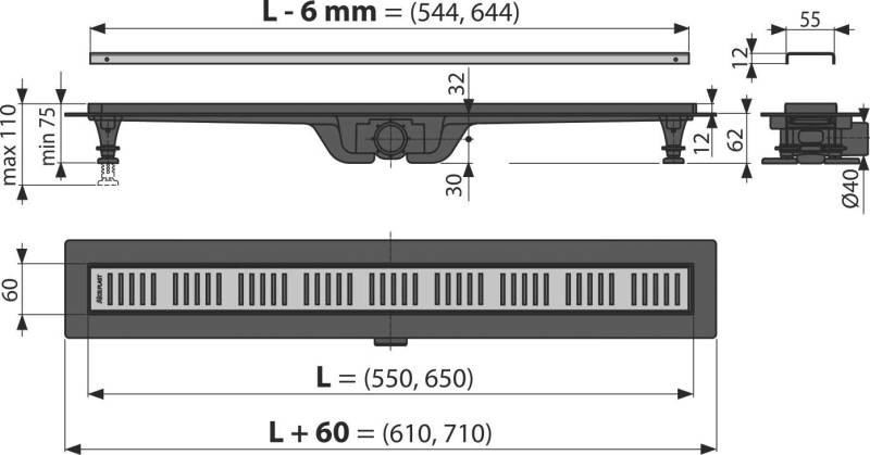 AlcaDrain Duschrinne mit Rand für den perforierten Rost, messing 550 mm