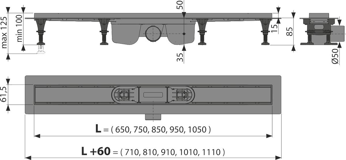 Alcadrain APZ12 Caniveau de douche optimal avec bord pour grille perforée ou pose de carreaux 850 mm