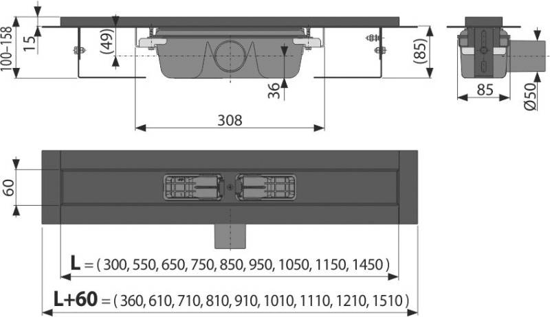 Alcadrain APZ1BLACK Duschrinne mit Rand für den perforierten Rost, Schwarz-Matt 1450 mm