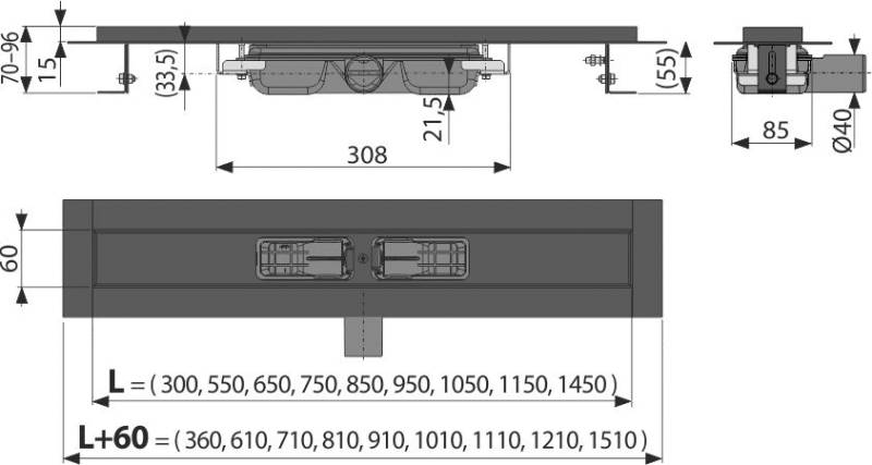 Alcadrain APZ101BLACK Caniveau de douche bas avec bord pour la grille perforée, noir mat 950 mm