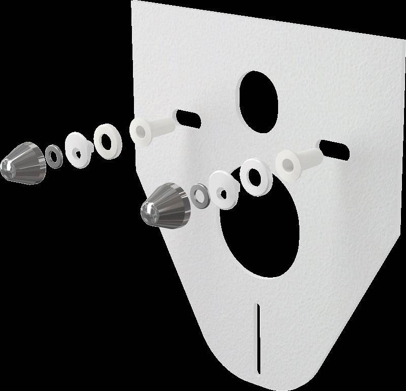 Exploded-Ansicht einer weißen Gesichtsmaske, die gefilterte Schichten und Befestigungskomponenten vor schwarzem Hintergrund zeigt.