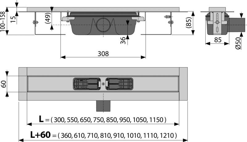 Alcadrain APZ1 Duschrinne mit Rand für den perforierten Rost 1150 mm