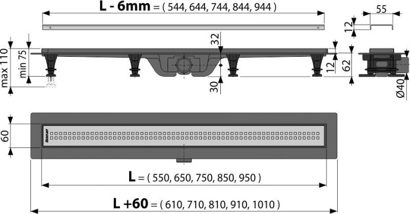 Alcadrain APZ9 Simple Duschrinne mit Rand für den perforierten Rost chrom 750 mm