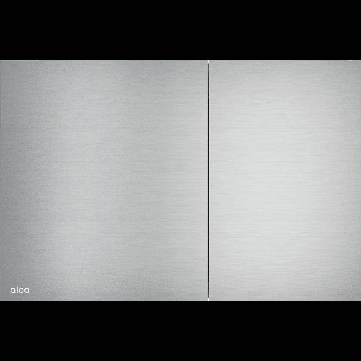 Minimalistische, gebürstete Metalloberfläche mit einer vertikalen Naht, die zwei hellgraue Paneele teilt, mit einem kleinen 
