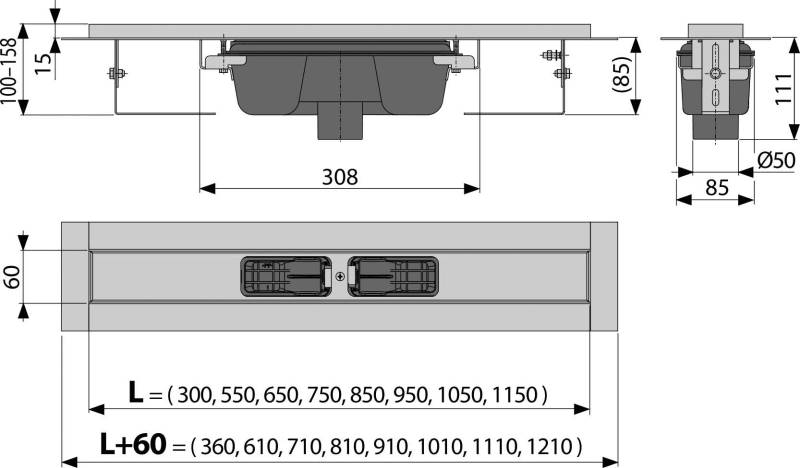 Alcadrain APZ1001 Duschrinne mit Rand für den perforierten Rost, Abfluss senkrecht 1050 mm