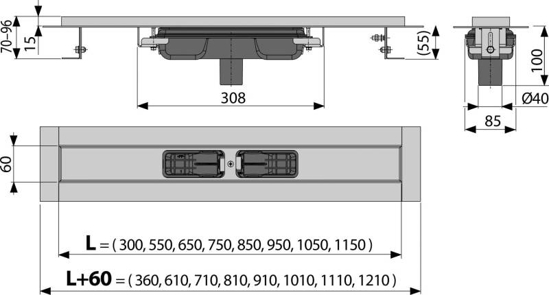 Alcadrain APZ1101 Low Duschrinne mit Rand für den perforierten Rost, Abfluss senkrecht 550 mm