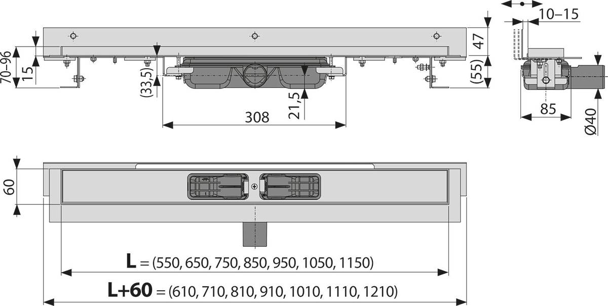 Alcadrain APZ104 Flexible Low Duschrinne mit Rand für den perforierten Rost und mit einstellbarem Kragen zur Wand 850 mm