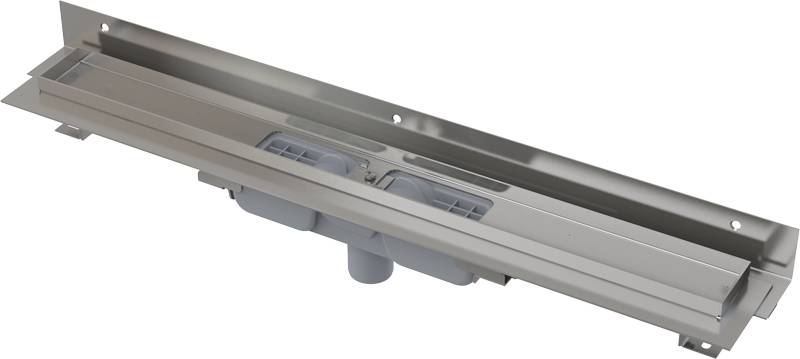 Alcadrain APZ1104 Caniveau de douche flexible bas avec rebord pour grille perforée et collet réglable pour mur, évacuation verticale 1050 mm