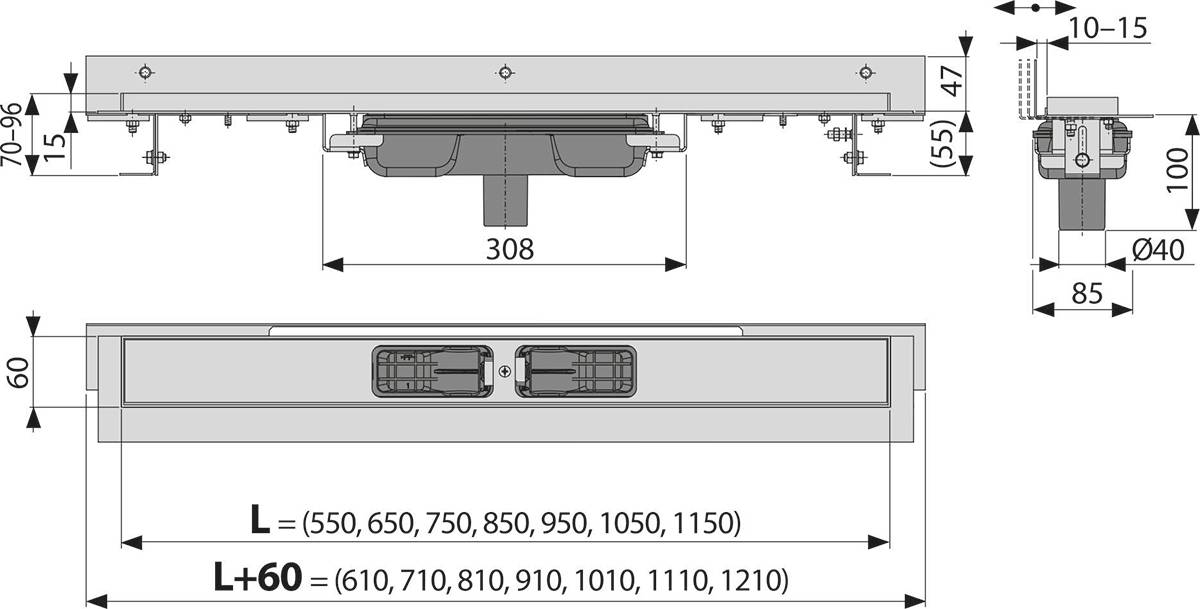 Alcadrain APZ1104 Flexible Low Duschrinne mit Rand für den perforierten Rost und mit einstellbarem Kragen zur Wand, Abfluss senkrecht 850 mm