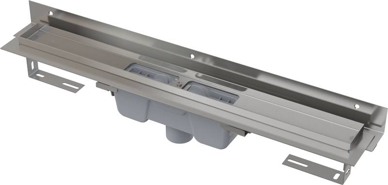 Alcadrain APZ1004 FlexibleDuschrinne mit Rand für den perforierten Rost und mit einstellbarem Kragen zur Wand, Abfluss senkrecht 1050 mm