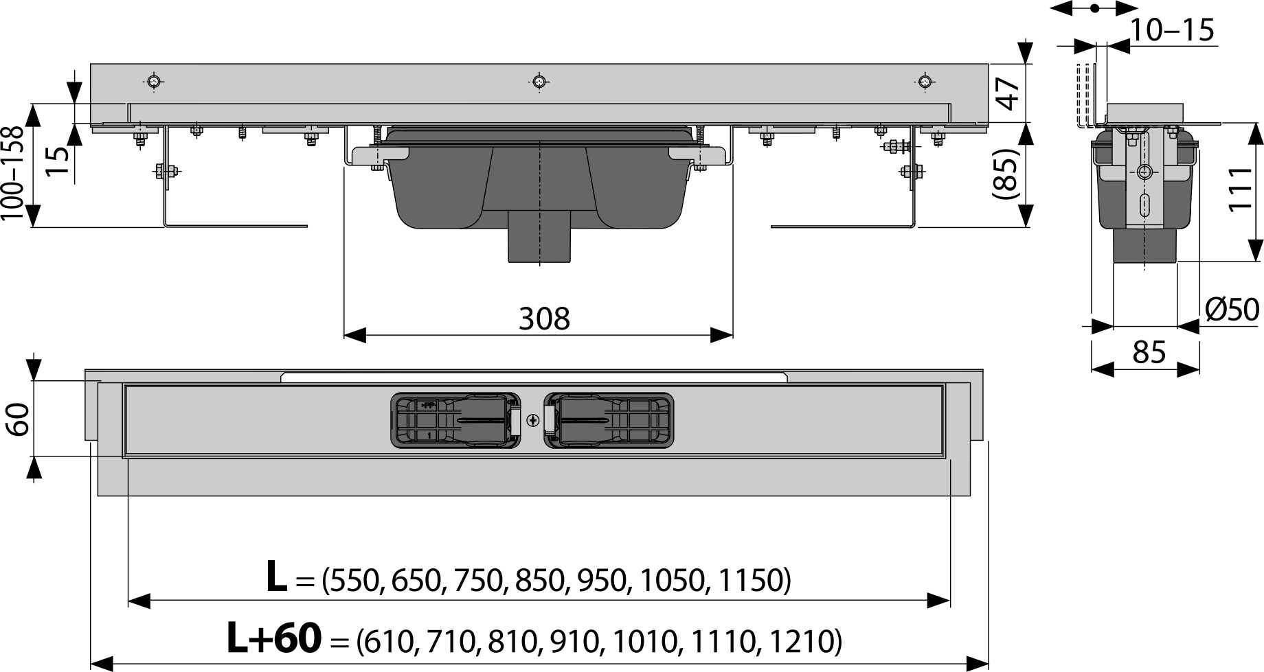 Alcadrain APZ1004 FlexibleDuschrinne mit Rand für den perforierten Rost und mit einstellbarem Kragen zur Wand, Abfluss senkrecht 550 mm