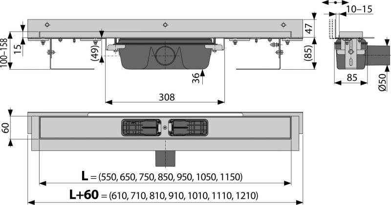 Alcadrain APZ4 caniveau de douche flexible avec bord pour la grille perforée et collet réglable pour mur 1150 mm