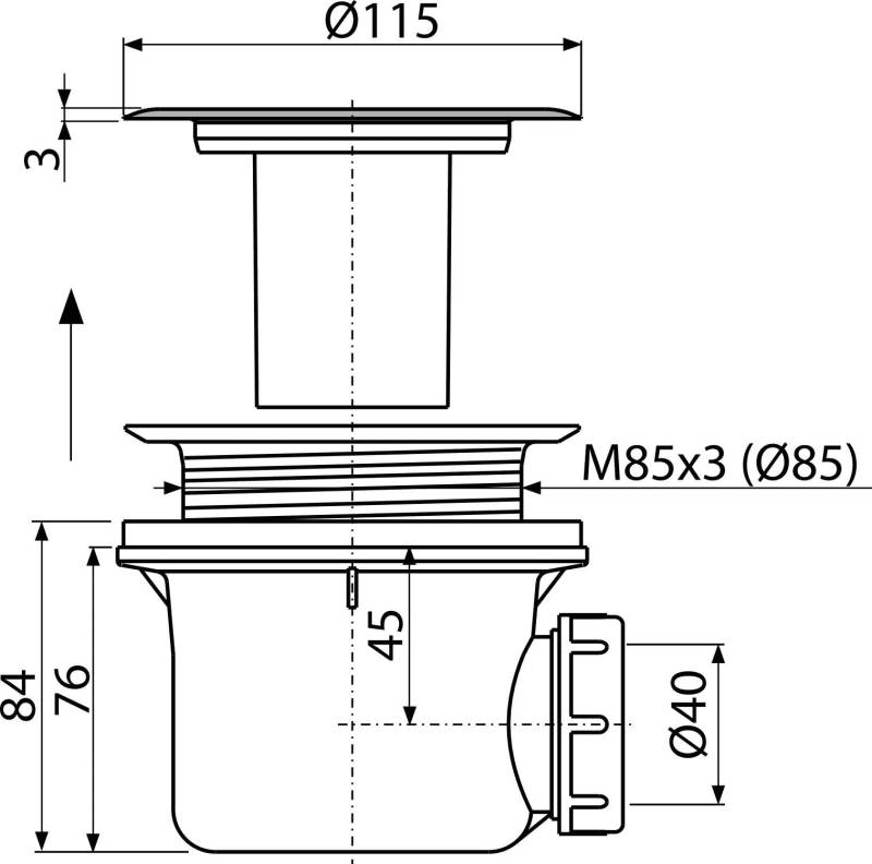AlcadrainAblaufgarnitur für Duschwannen, Ablauf 90 mm, DN 40, Siphon-Abdeckung Ø 115 mm, Metall, Edelstahl-Glanz