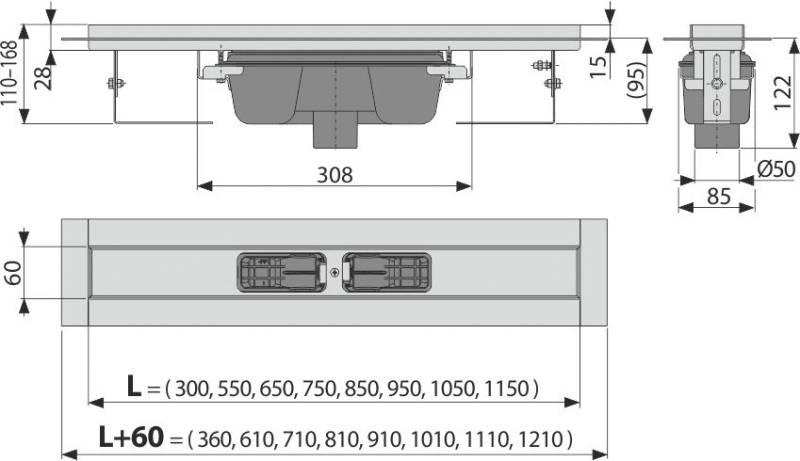 Alcadrain APZ1006 Duschrinne mit Rand für den vollen Rost, Abfluss senkrecht 1150 mm