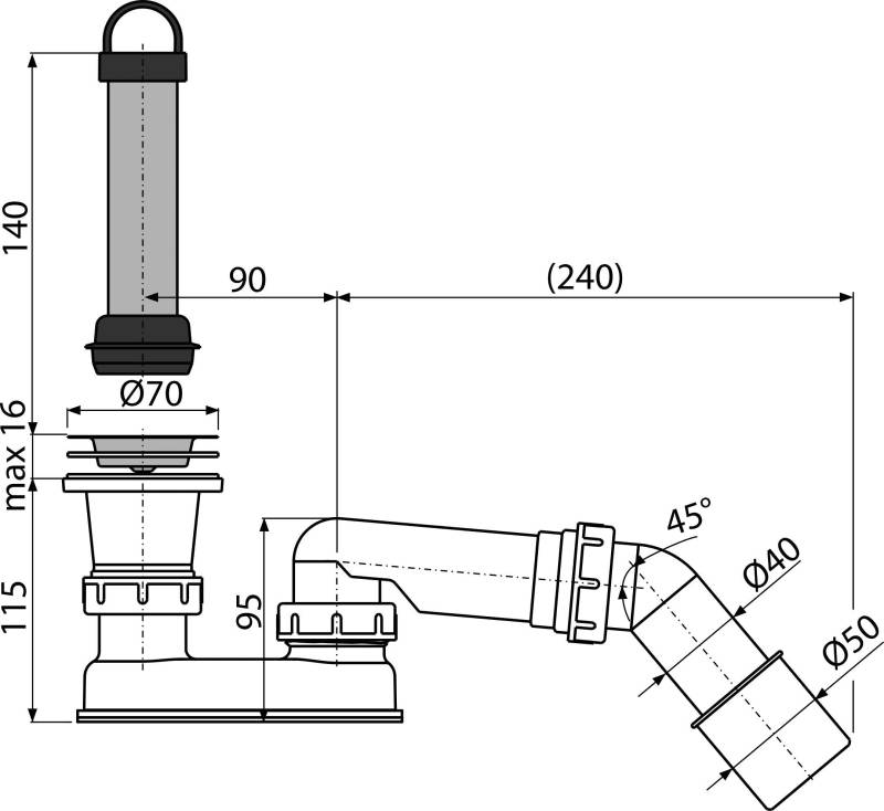 Alcadrain A462-50 Ablaufgarnitur für die Duschwannen mit Geruchsverschluss und Ablaufbogen Ø 50
