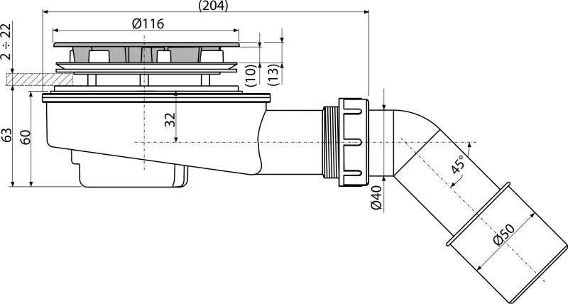 Alcadrain A492CR Ablaufgarnitur für die Duschwannen mit dicken Wänden, verchromt Ø 90
