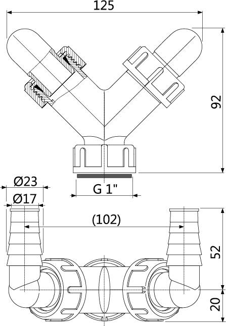 Alcadrain P148 Doppelanschluss komplett G1" 17–23 mm Schlauchanschluss
