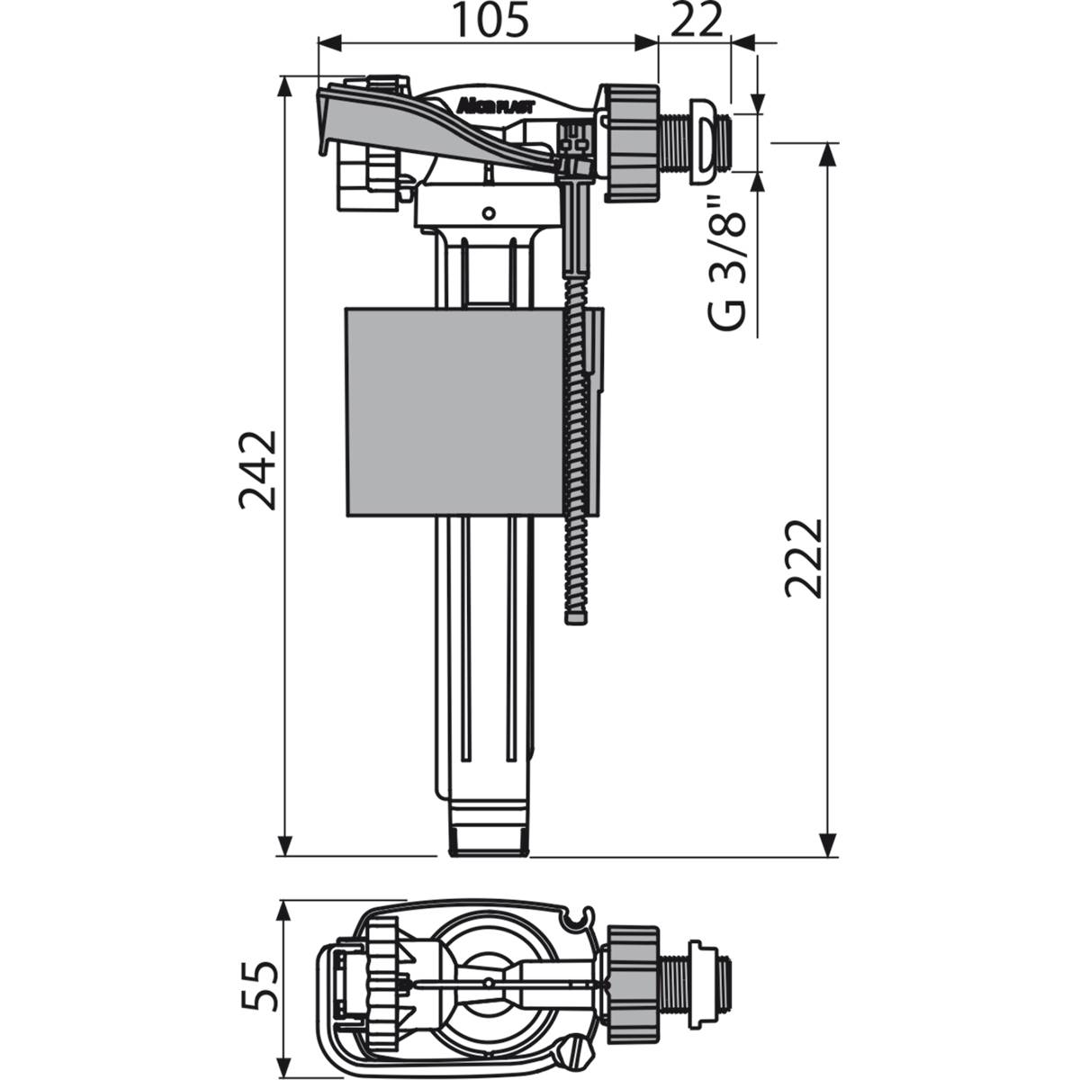 Alcadrain Füllventil A160P-3/8 für Kunststoff-Spülkasten, seitlich, Metallgew.