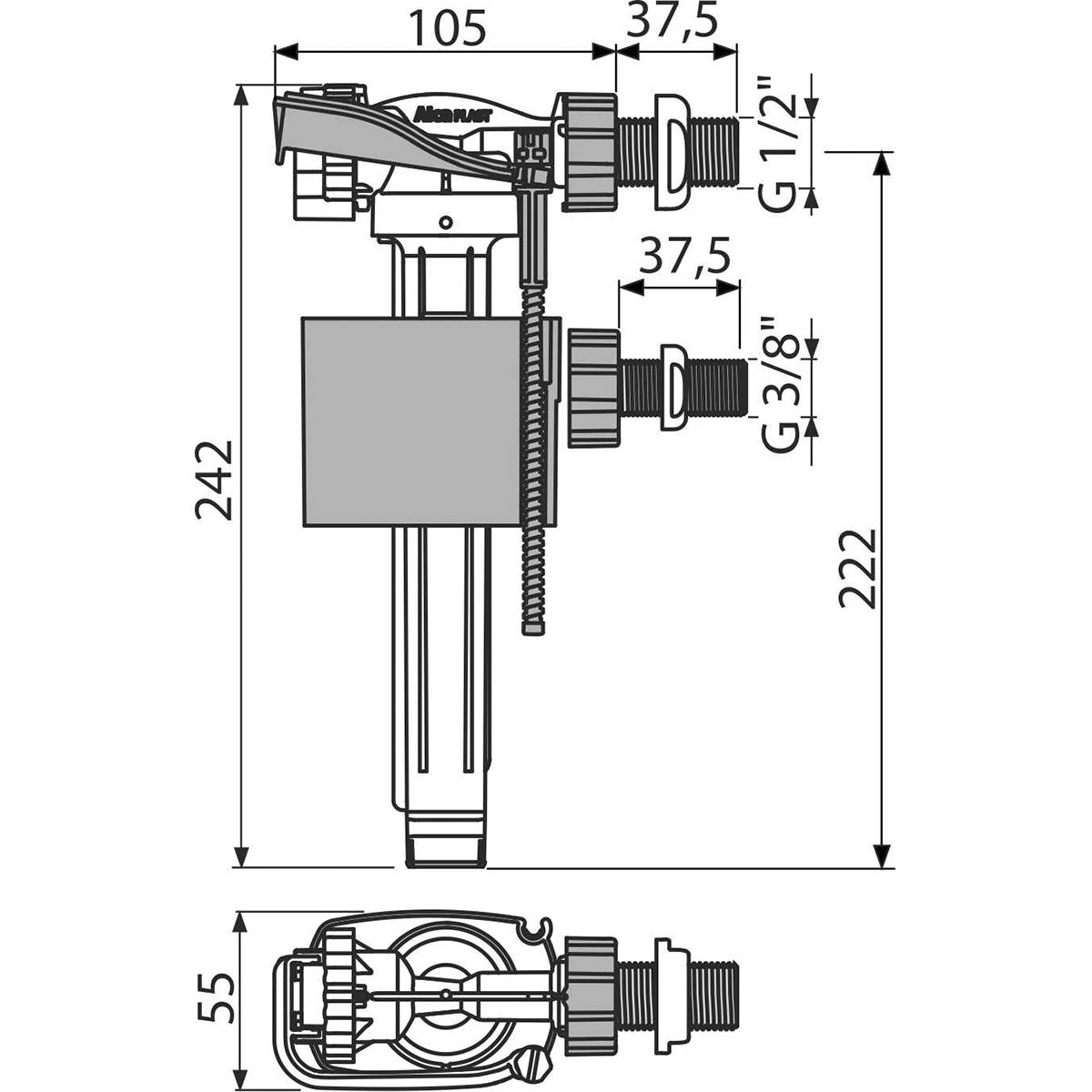 Alcadrain Füllventil A160UNI Zulauf seitlich, Metallgewinde, universal 1/2" und 3/8"
