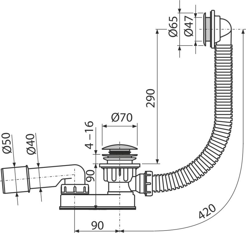 Alcadrain Ablaufgarnitur CLICK/CLACK für Duschwannen mit Überlauf, Metall