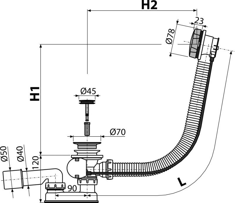 Alcadrain Badewannen-Ab- und Überlaufgarnitur Automat komplett, Metall 80 cm