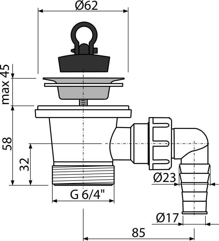 Alcadrain Ablaufventil für Waschbecken 6/4" mit einem Edelstahlgitter DN63 und einem Geräteanschluss
