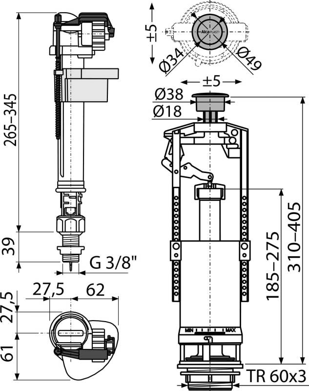 Alcadrain Spülgarnitur mit STOP-Taste SA2000SK 3/8" CHROM