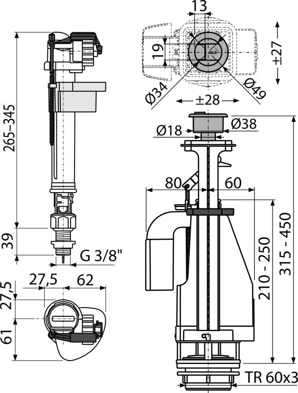 Alcadrain Spülgarnitur mit Doppeltaste SA08ASK 3/8" CHROM
