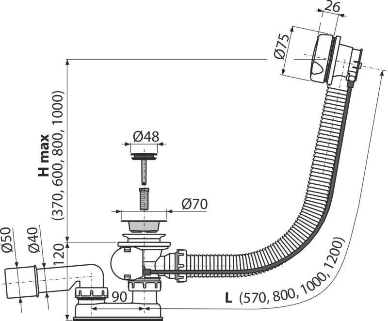 Alcadrain A51B Badewannen Ab- und Überlaufgarnitur Automat komplett, verchromt / Weiß-Glanz