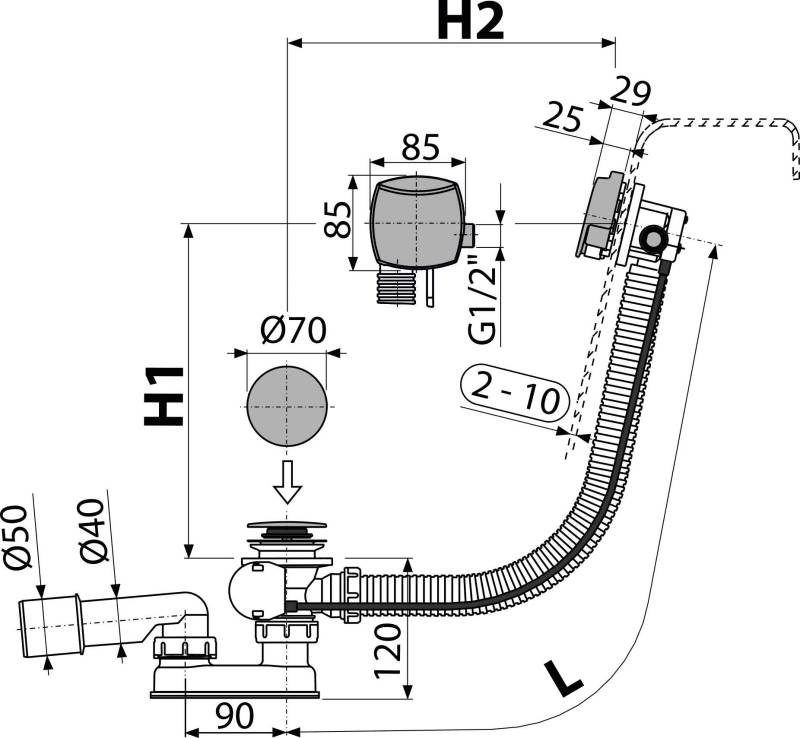 Alcadrain Badewanne Ab- und Überlaufgarnitur Automat mit einer Füllfunktion, verchromt