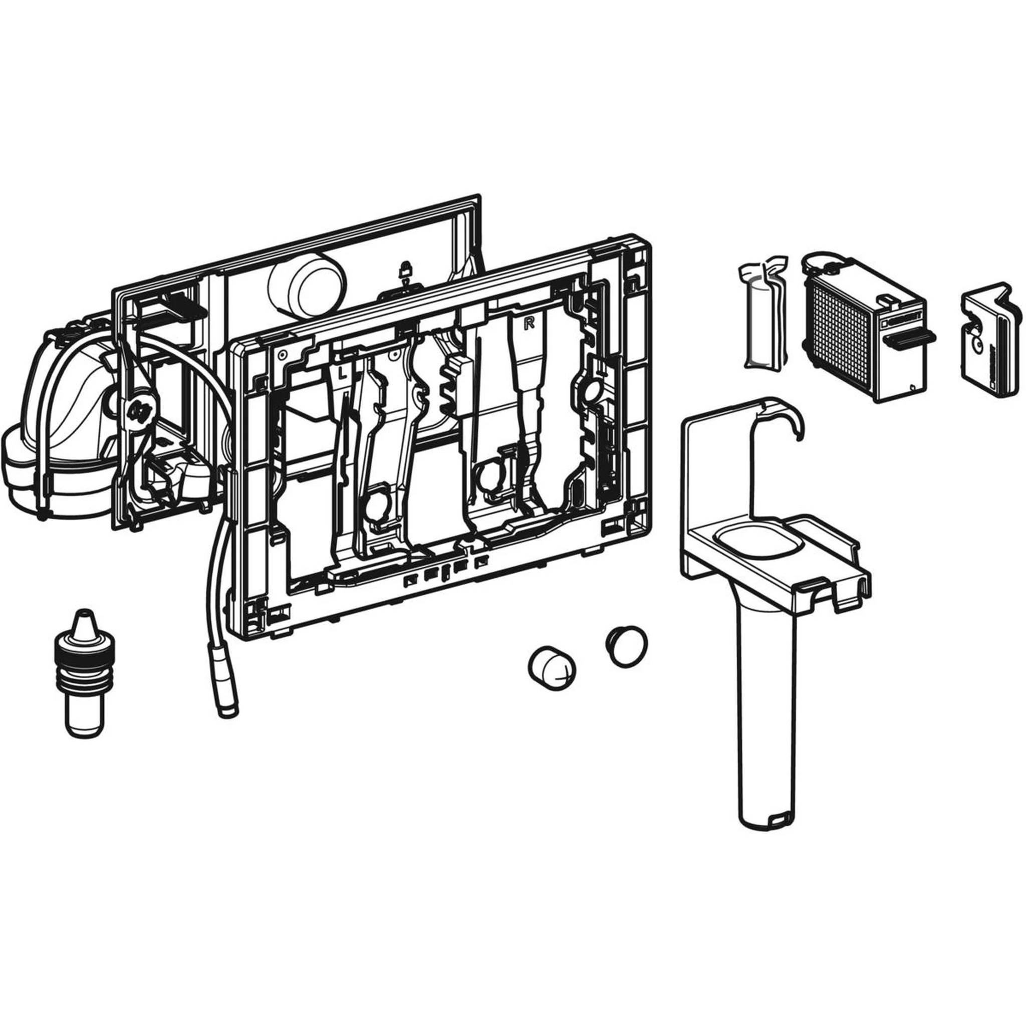Explodierte Strichzeichnung eines wandmontierten Toilettensystems, das den verborgenen Tank, Rahmen, Spülteile und separate Toilettenschüssel-Komponenten zeigt.