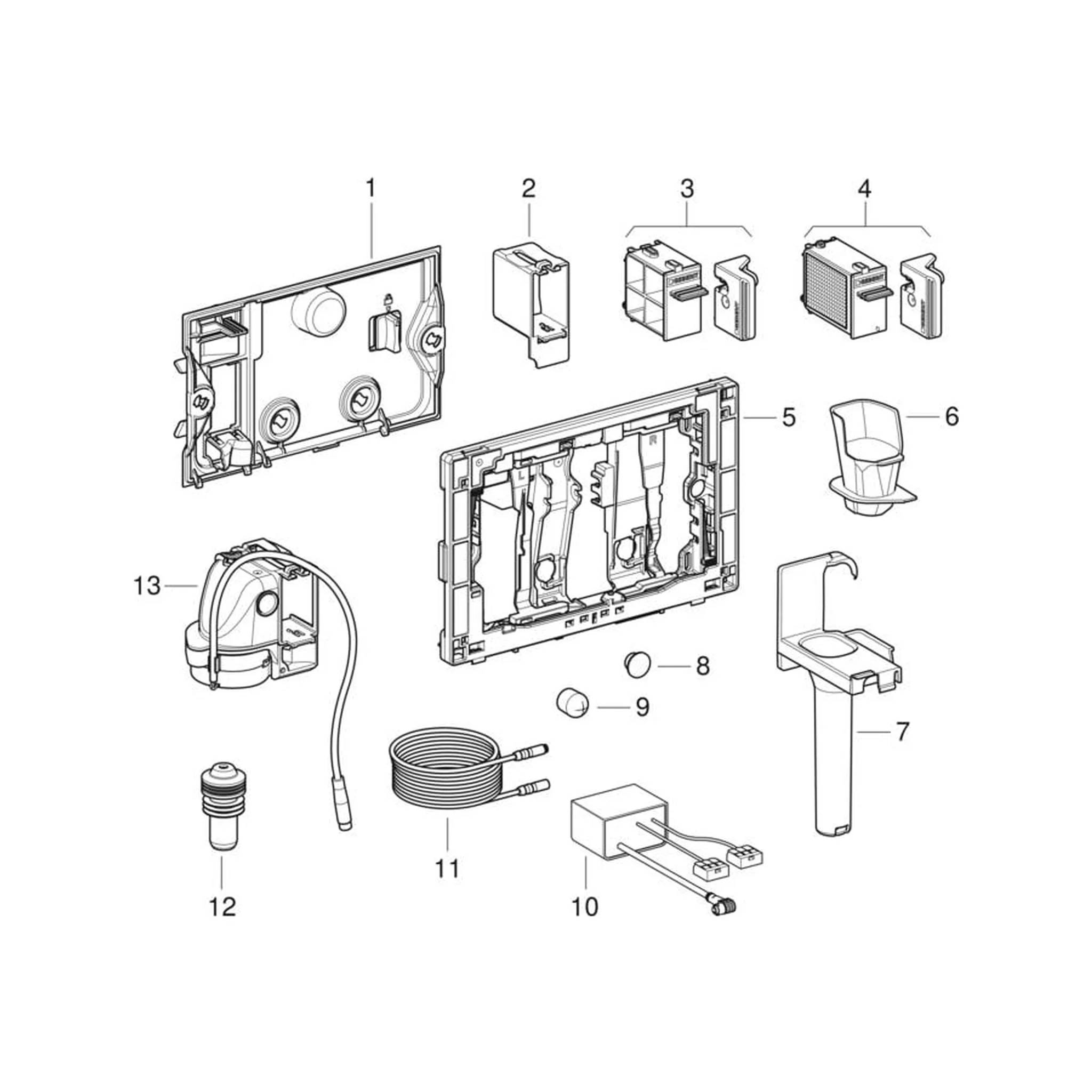 Explosionszeichnung eines Toilettenschachts, die gekennzeichnete interne Teile wie den Tank, Ventile, Spülmechanismus, Füllschlauch und Armaturen zeigt.