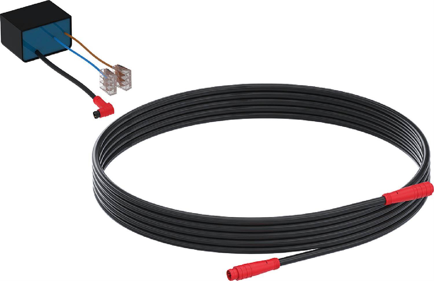 Aufgerolltes schwarzes Kabel mit roten Steckverbindern, dargestellt mit einem kleinen Schaltdiagramm der Verdrahtungsverbindungen zu einem blauen Modul und einer Anschlussklemme.