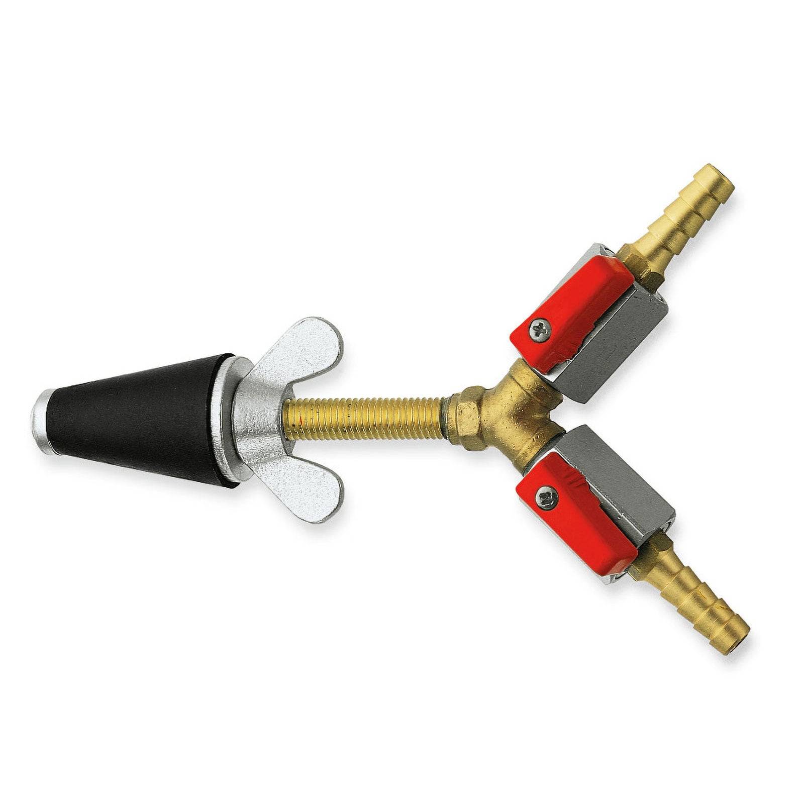 Ein Werkzeug mit einer Y-förmigen Messingstruktur, das zwei einstellbare Ventile und ein kegelförmiges Gummierte Ende besitzt und zur Rohrtestung verwendet wird.