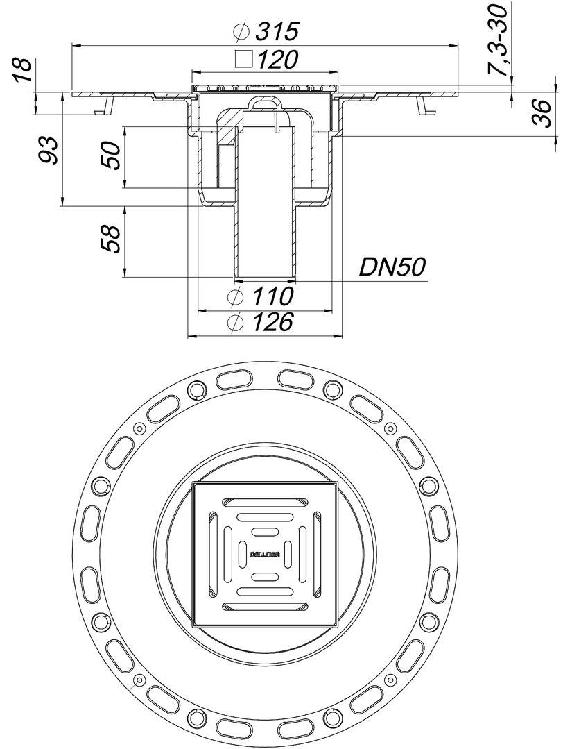 Dallmer Bodenablauf TistoPlan VK12, DN 50, 120x120mm