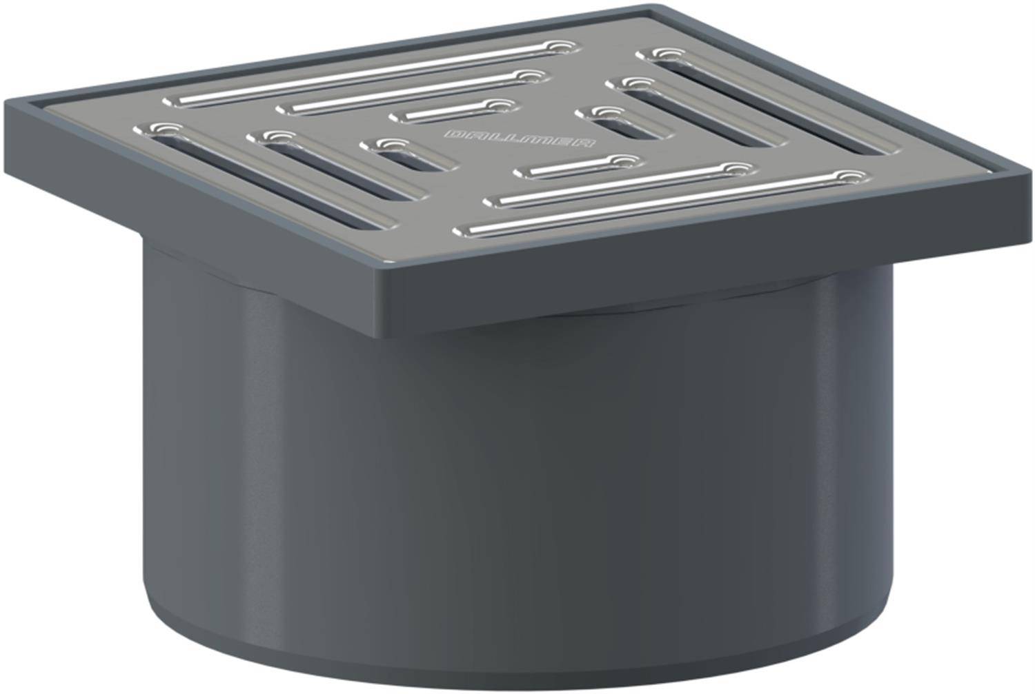 Grauer Metallfußboden-Ablauf mit quadratischem perforiertem Rost und zylindrischem Gehäuse.