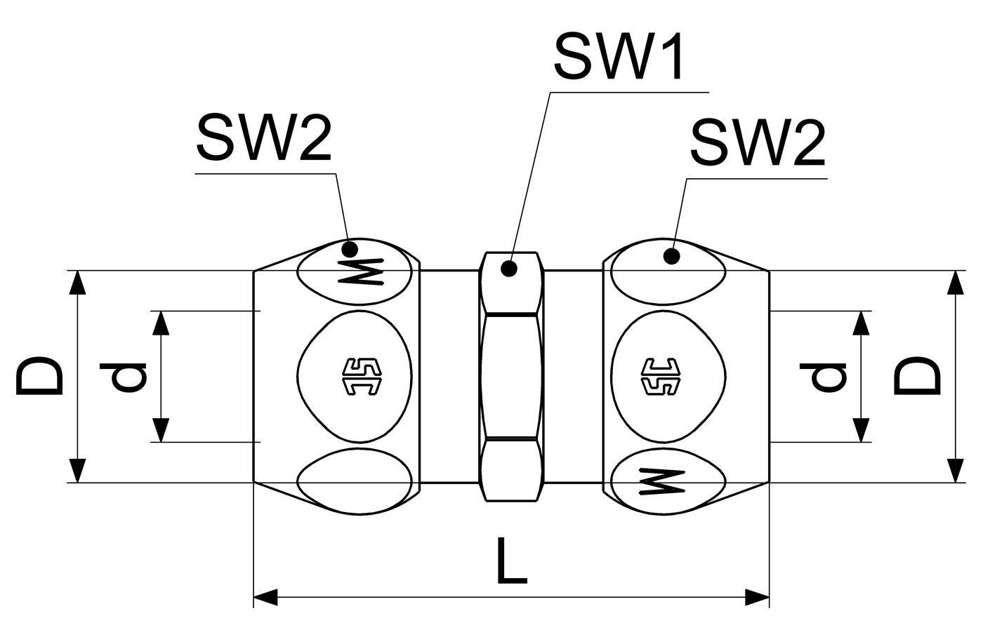 Technische Maßzeichnung einer Kabelverschraubung oder Anschlussverschraubung mit Gesamtlänge L, Durchmessern D und d, sowie Positionen gekennzeichnet als SW1 und SW2.