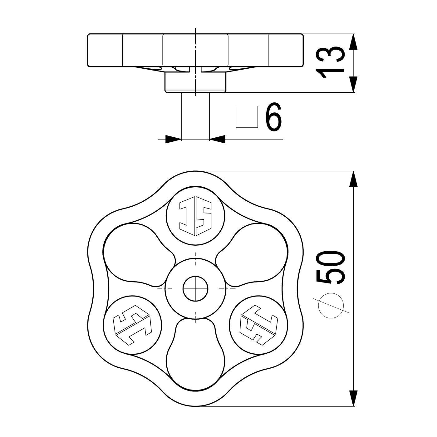 Technische Zeichnung einer sechslappigen Handradnabe mit gekennzeichneten Abmessungen von 50 mm Durchmesser, 13 mm Höhe und 6 mm Schaftbreite.
