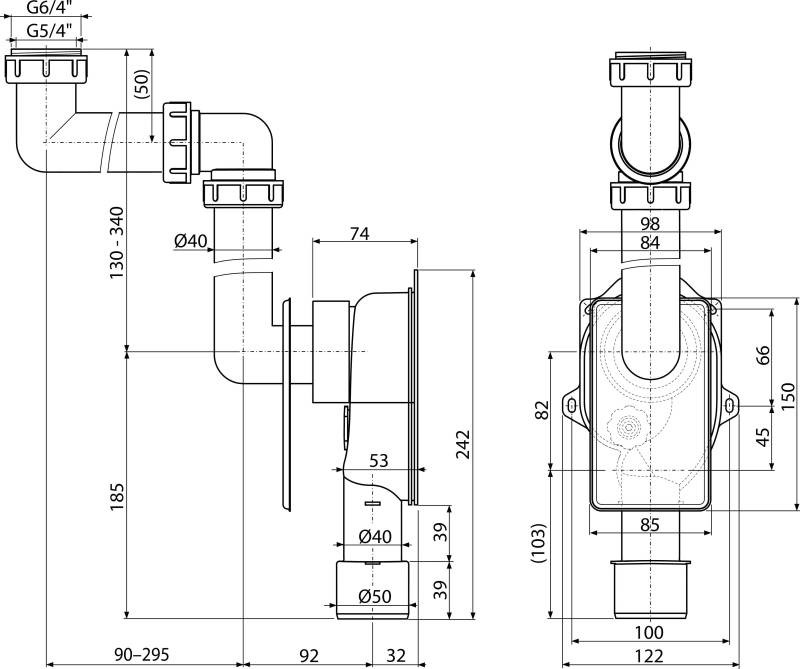 Alcadrain siphon gain de place universel encastré DN40/50