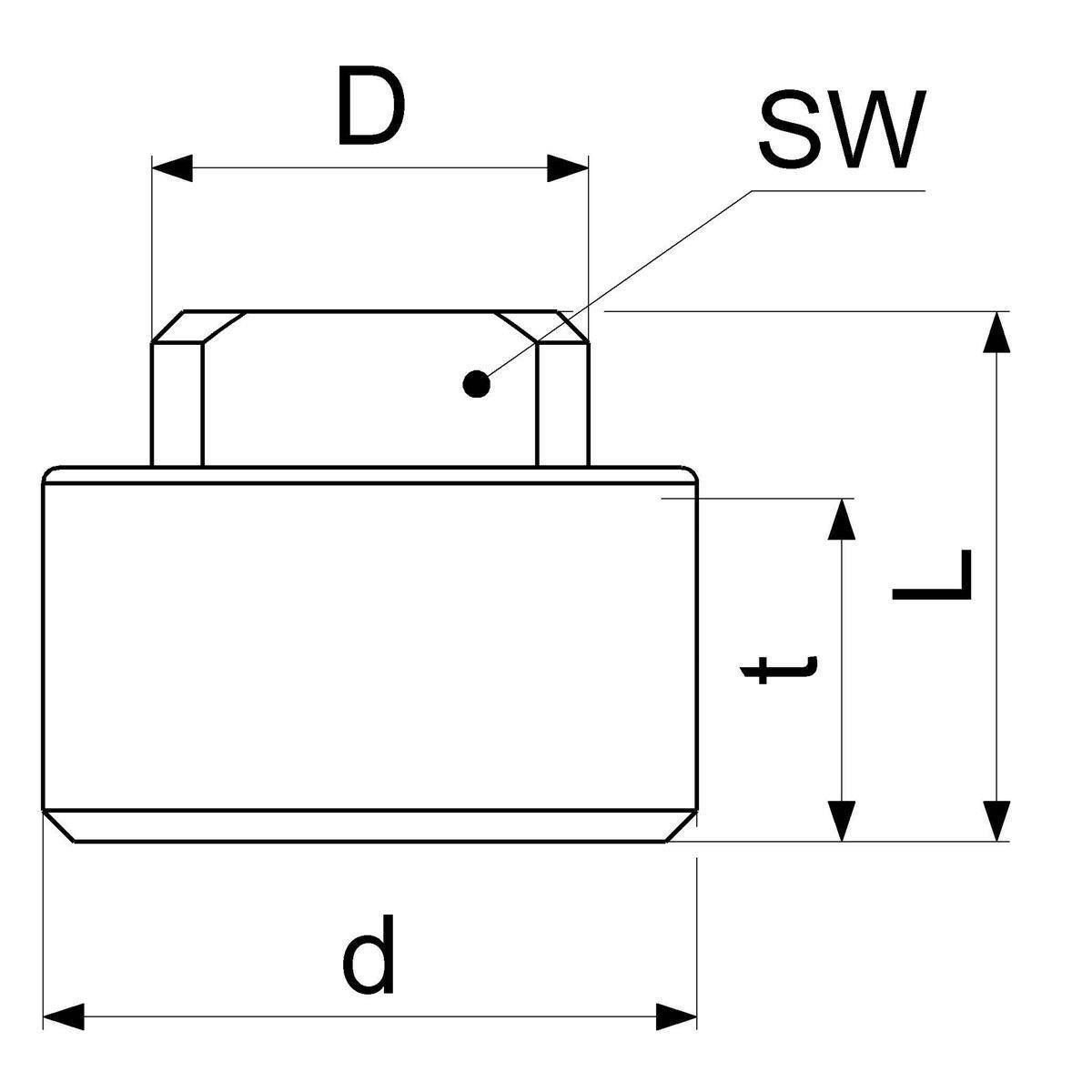 Technische Maßzeichnung eines zylindrischen Teils mit den Abmessungen D, d, L, t und SW mit Pfeilen, die Breite, Höhe und Dicke angeben.