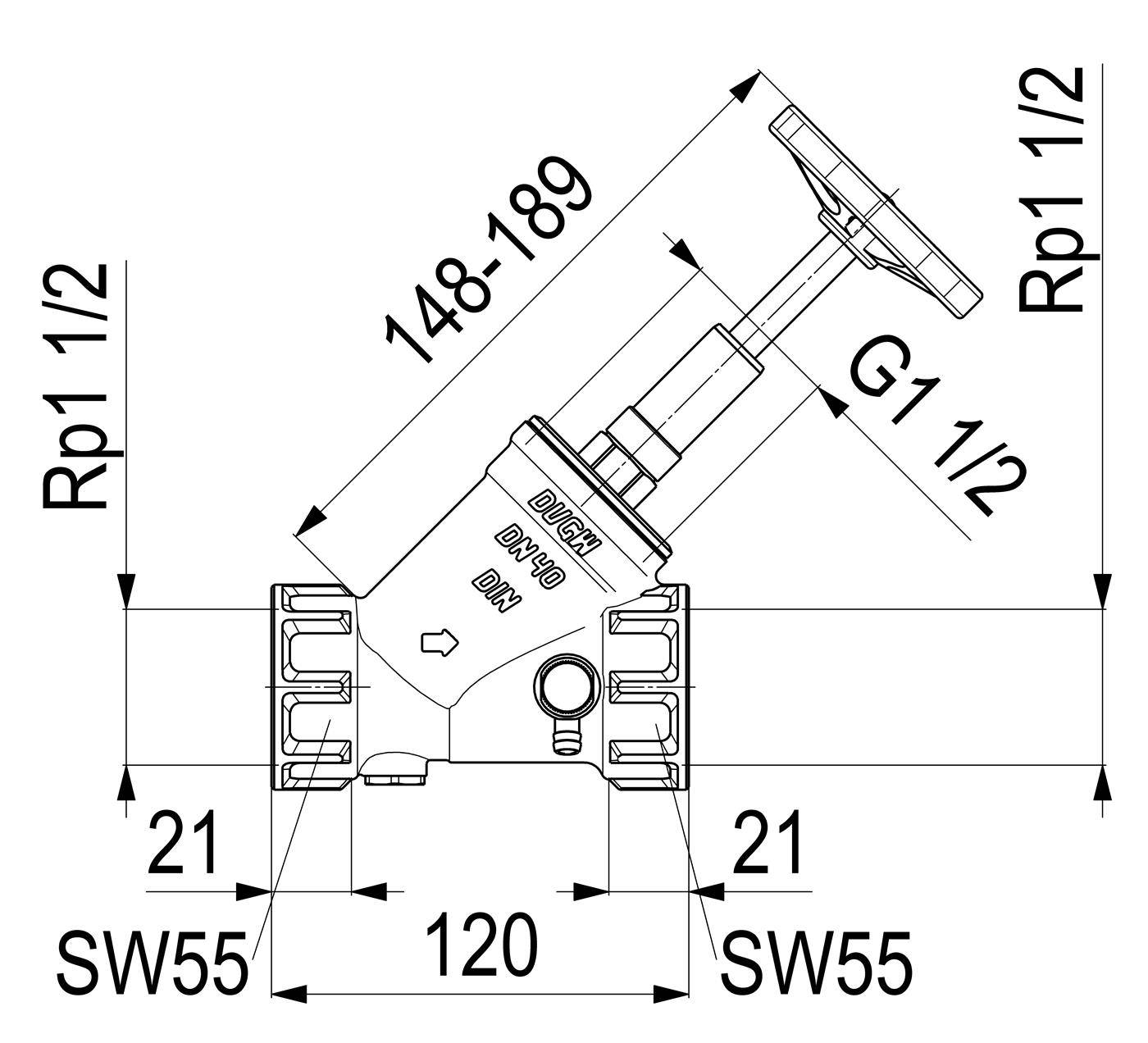Technische Zeichnung eines Ventils/Rohrverschraubung mit geneigtem Stiel und Handgriff, zeigt Abmessungen und Gewindegrößen: Rp1 1/2, G1 1/2, 148-189, 120, 21, SW55.