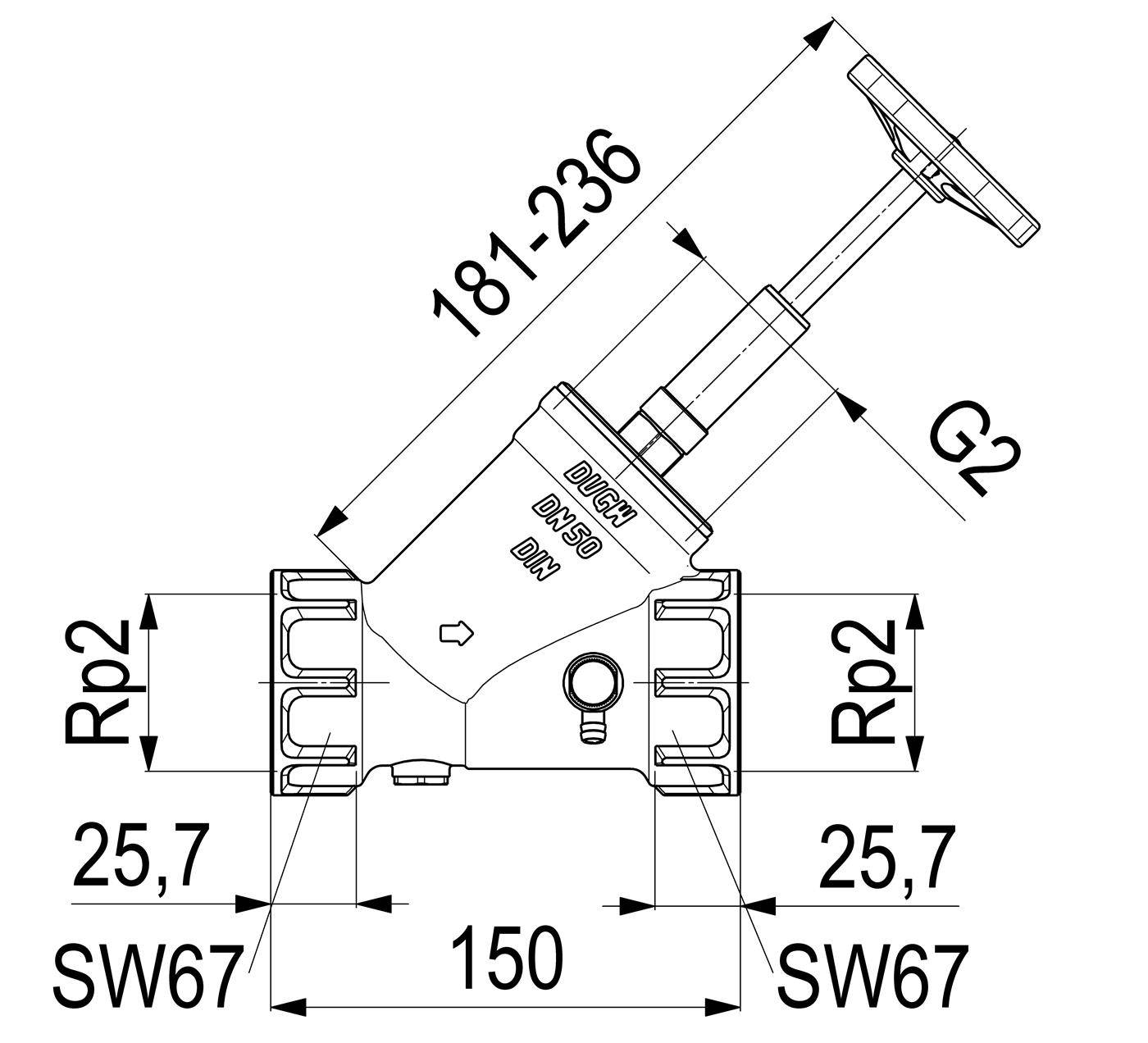 Technische Linienzeichnung eines DVGW DN50-Ventils mit den Abmessungen: Länge 181–236, Breite 150, Seite Rp2, Unterseite SW67 und Gewinde G2.