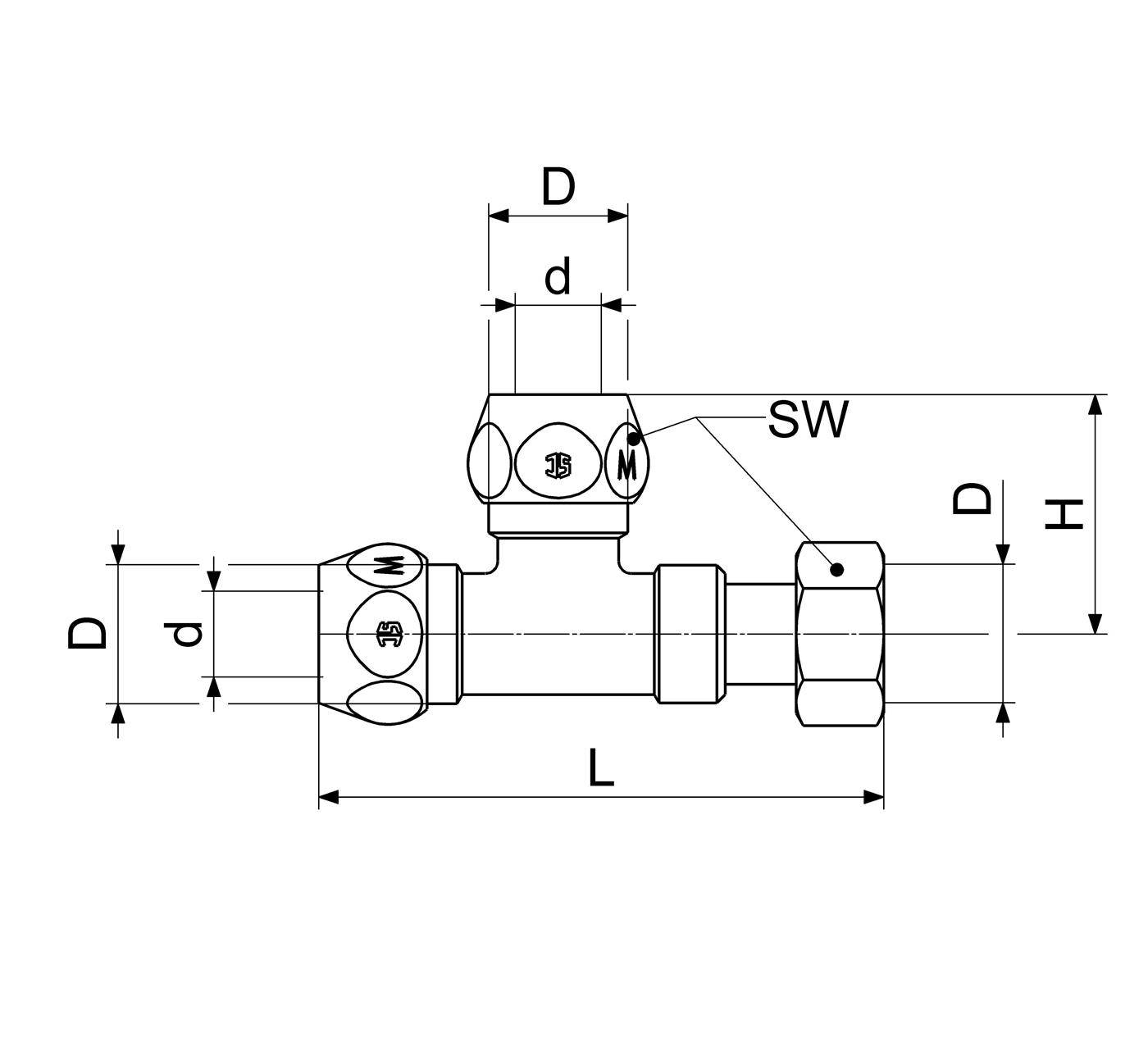 Technische Zeichnung einer Ventilarmatur mit gekennzeichneten Abmessungen D, d, L, H und SW für Größen- und Schraubenschlüsselmessungen.