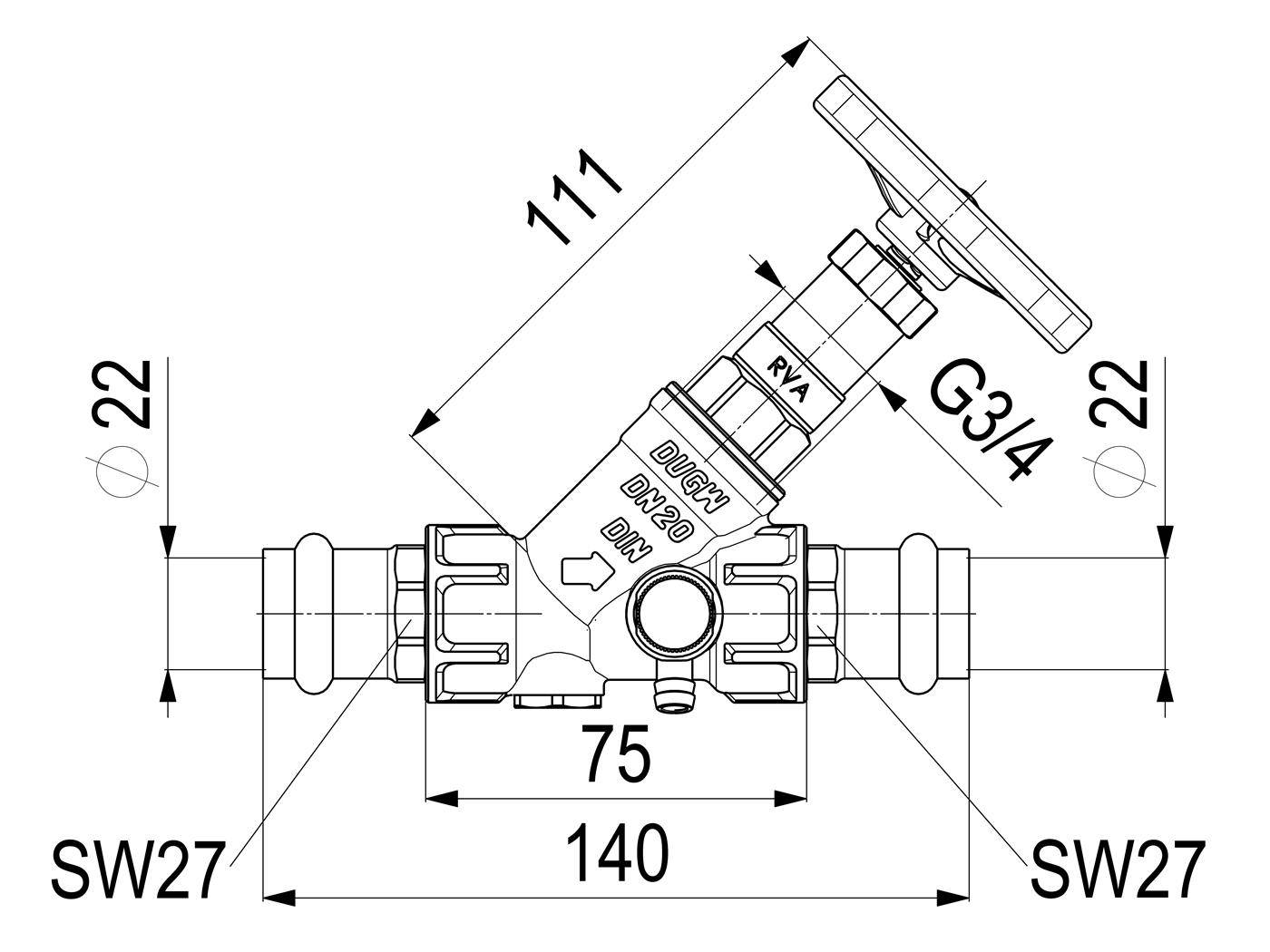 Technische Zeichnung einer gewinkelten Ventilbaugruppe mit gekennzeichneten Abmessungen 111, 140, 75, 22, SW27 und Gewinde G3/4.