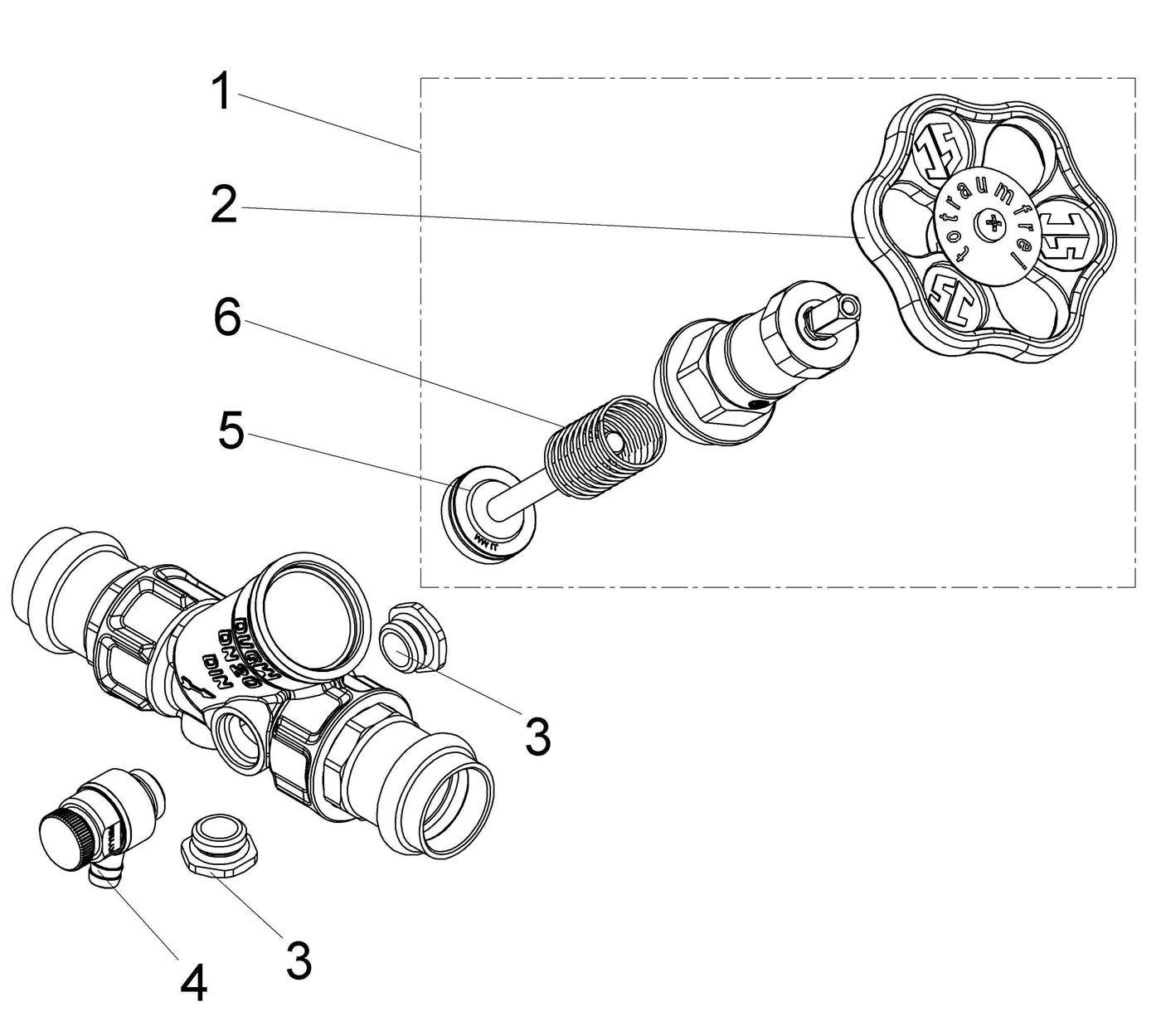 Explodierte technische Zeichnung einer Ventilbaugruppe, die nummerierte Teile 1 bis 6 zeigt und wie der Griff, der Schaft, die Feder und die Verschraubungen zusammenpassen.