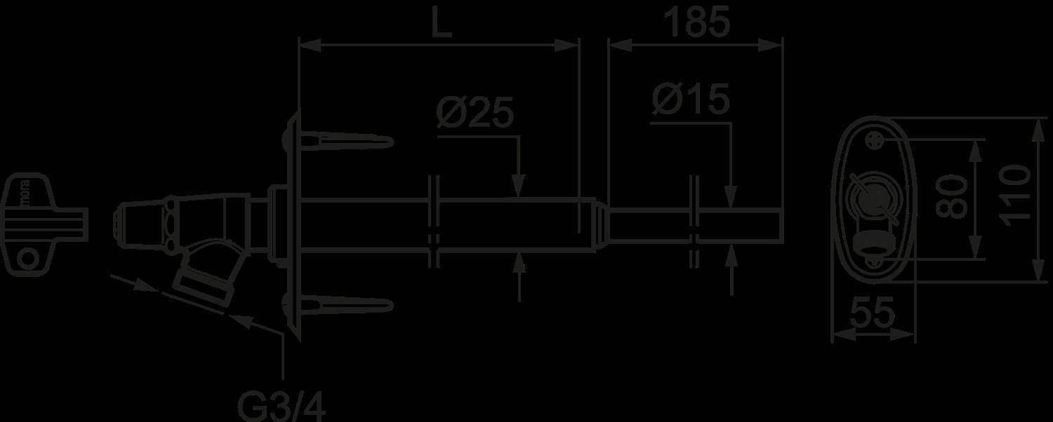 Technische Strichzeichnung einer Rohrverschraubung mit gekennzeichneten Abmessungen G3/4, Ø25, Ø15, 185, 80, 110 und 55.