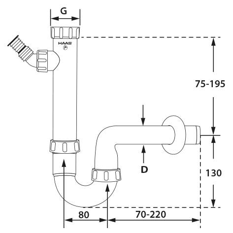 PP-Kugelverschlußsiphon 1 1/2" & 1 1/4", DN 32, weiss mit einem Geräteanschluss 1", 3/4" & 3/8"