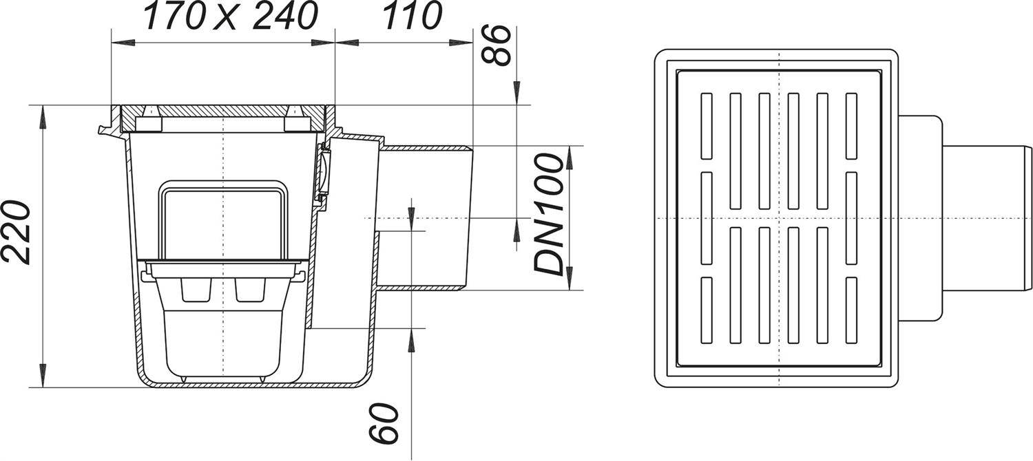Technische Zeichnung einer rechteckigen Ablaufstößenfalle mit Seitenauslauf, zeigt Draufsicht und Seitenansicht mit Abmessungen 170 x 240, 110, 220, 98, DN100 und 60.