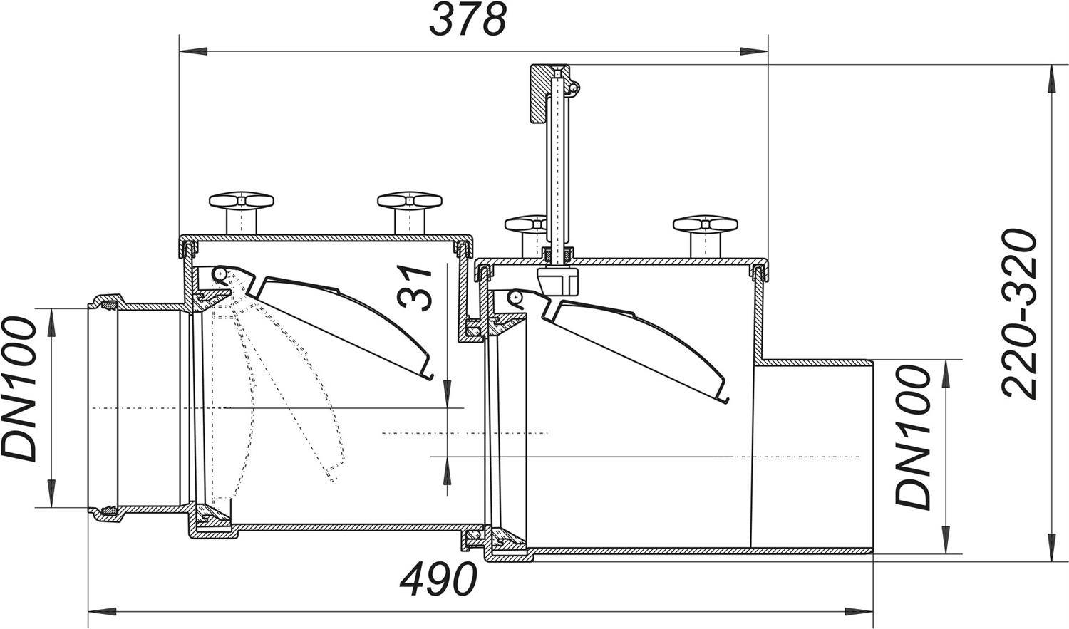 Technischer Querschnitt einer DN100-Rohrventilbaugruppe, die den internen Strömungsweg, zwei Scharnierklappen und die Abmessungen 378, 490, 31 und 220-320 zeigt.
